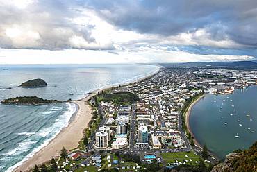 Panoramic view of Mount Manganui district and Tauranga harbour, view from Mount Maunganui, Bay of Plenty, North Island, New Zealand, Oceania