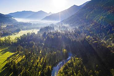 River Jachen, Jachenau near Lenggries, Isarwinkel, aerial view, Upper Bavaria, Bavaria, Germany, Europe