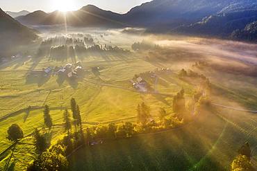 Sunrise with ground fog, Jachenau, Isarwinkel, aerial view, Upper Bavaria, Bavaria, Germany, Europe