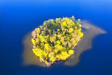 Island Muehlwoerth in Lake Staffelsee, aerial view, foothills of the Alps, Upper Bavaria, Bavaria, Germany, Europe