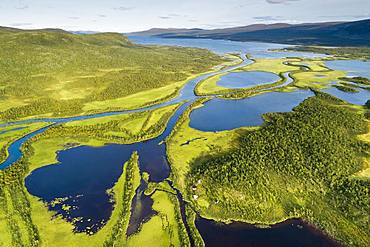 Aerial view, drone shot, meandering river landscape of the Rapa Valley near Nikkaluokta, Sarek National Park, Norrbottens laen, Sweden, Europe