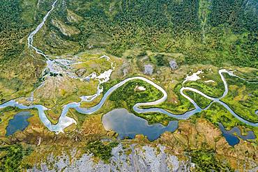 Aerial view, meandering river landscape in the Rapa Valley near Kebnekaise, Sarek National Park, Norrbottens laen, Sweden, Europe