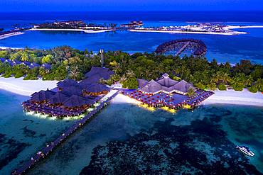 Aerial view, lagoon of the Maldives island Olhuveli at dusk, South Male-Atoll, Maldives, Asia