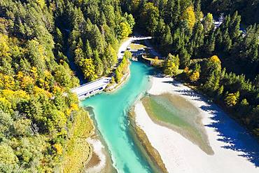 Lake Sachensee, reservoir at the Obernachkanal, near Wallgau, Werdenfelser Land, aerial view, Upper Bavaria, Bavaria, Germany, Europe