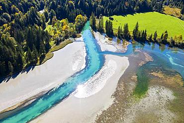 Lake Sachensee, reservoir at the Obernachkanal, near Wallgau, Werdenfelser Land, aerial view, Upper Bavaria, Bavaria, Germany, Europe