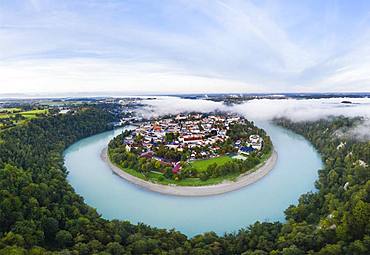 Old town in river bend of the Inn with fog, water castle at the Inn, aerial view, Upper Bavaria, Bavaria, Germany, Europe