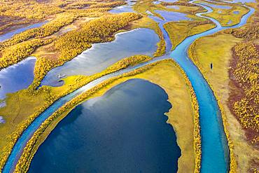 Autumnal river landscape from the air, detail view, river course of Visttasjohka, Nikkaluokta, Lapland, Sweden, Europe