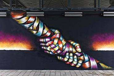 Two hands grab each other by the arm, pulling in the opposite direction, symbolic mural by streetart artist Otto Schade, 40 Grad Urban Art Festival 2019, Duesseldorf, North Rhine-Westphalia, Germany, Europe