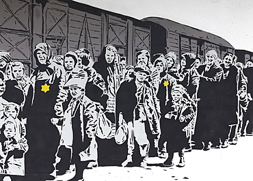 Column of Jews with a Jewish star in front of a freight car, deportation, Holocaust, mural by street artist Lacuna, 40 Grad Urban Art Festival 2019, Duesseldorf, North Rhine-Westphalia, Germany, Europe