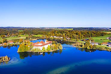 Seeon Monastery, Klostersee, Seeon-Seebruck, Chiemgau, aerial view, Upper Bavaria, Bavaria, Germany, Europe