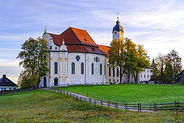 Wieskirche in the morning light, pilgrimage church to the Scourged Saviour on the Wies, Wies, near Steingaden, Pfaffenwinkel, Upper Bavaria, Bavaria, Germany, Europe