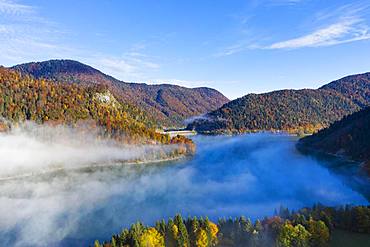 Sylvenstein lake with dam, Sylvenstein reservoir, near Lenggries, Isarwinkel, aerial view, Upper Bavaria, Bavaria, Germany, Europe