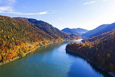 Sylvenstein lake, Sylvenstein reservoir, near Lenggries, Isarwinkel, aerial view, Upper Bavaria, Bavaria, Germany, Europe