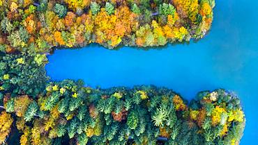Drone shot, autumn in the Swabian Forest, Herrenbachstausee, Herrenbachtal, Goeppingen district, Baden-Wuerttemberg, Germany, Europe
