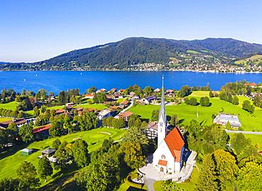 Parish church Assumption of Mary, Bad Wiessee, Tegernsee Valley, aerial view, Upper Bavaria, Bavaria, Germany, Europe