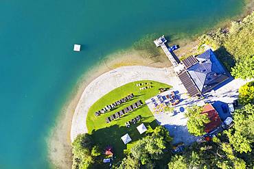 Restaurant Faehrhuette near Rottach-Egern, Tegernsee, aerial view, Upper Bavaria, Bavaria, Germany, Europe