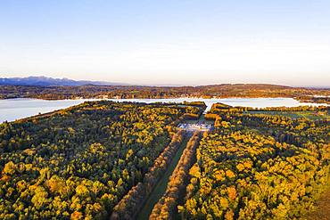 New Herrenchiemsee Castle in the morning light, island Herreninsel in Chiemsee, Chiemgau, aerial view, Upper Bavaria, Bavaria, Germany, Europe