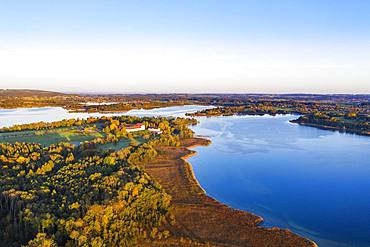 Old castle Herrenchiemsee in the morning light, island Herreninsel in Chiemsee, Chiemgau, aerial view, Upper Bavaria, Bavaria, Germany, Europe