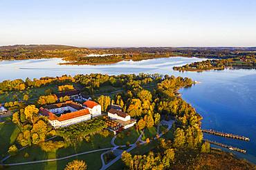 Old castle Herrenchiemsee in the morning light, island Herreninsel in Chiemsee, Chiemgau, aerial view, Upper Bavaria, Bavaria, Germany, Europe