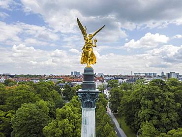 Angel of Peace, Peace Memorial, drone shot with view of Bogenhausen, Munich, Upper Bavaria, Bavaria, Germany, Europe