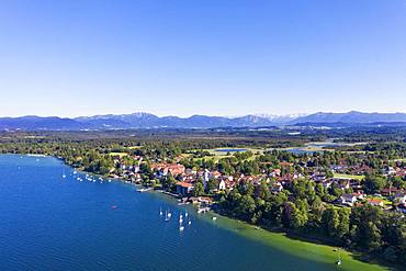 Seeshaupt at Lake Starnberger See with Alpine chain, Fuenfseenland, aerial view, Upper Bavaria, Bavaria, Germany, Europe