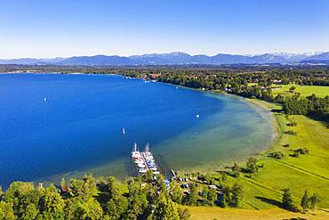 Boat landing stage in lake sides at Lake Starnberger See with alpine chain, lake head, five lake country, aerial view, Upper Bavaria, Bavaria, Germany, Europe