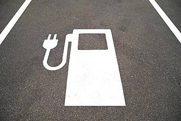 Symbol of an electric filling station on a parking lot, Bavaria, Germany, Europe