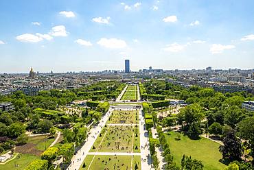 Cityscape, view from the Eiffel Tower over Parc du Champ de Mars, Montparnasse Tower behind, Paris, Ile-de-France, France, Europe