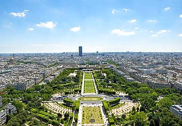 Cityscape, view from the Eiffel Tower over Parc du Champ de Mars, Montparnasse Tower behind, Paris, Ile-de-France, France, Europe