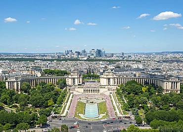 View from the Eiffel Tower to the Jardins du Trocadero, Paris, France, Europe