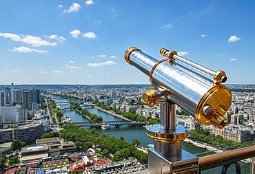 Telescope on the Eiffel Tower, view of the city with river Seine, Paris, France, Europe