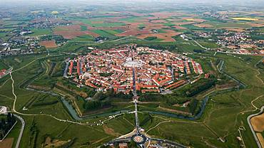 Aerial view, star-shaped city with city wall and moat, Palmanova, Northern Italy, Italy, Europe