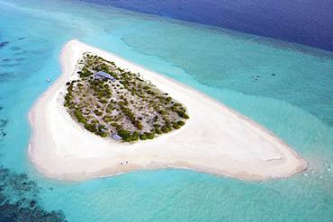 Aerial view, uninhabited island for excursions, Maldives island, excursion island with wide sandy beach, Maldives, Asia