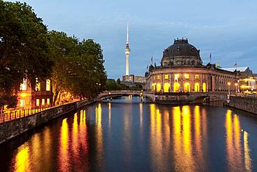 Evening mood, illuminated Bode Museum on the Spree, in the back Berlin television tower Alex, Museum Island, Berlin-Mitte, Berlin, Germany, Europe