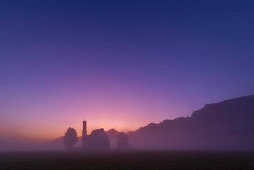 Chapel St. Coloman at blue hour in the fog, Fuessen, Swabia, Bavaria, Germany, Europe