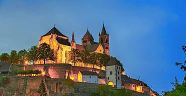 St. Stephan cathedral, colourfully illuminated at dusk, Breisach am Rhein, Baden-Wuerttemberg, Germany, Europe