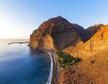 Port of Vueltas, Mount Tequergenche, Beach Playa de Argaga, Argaga Gorge, Valle Gran Rey, Aerial view, La Gomera, Canary Islands, Spain, Europe