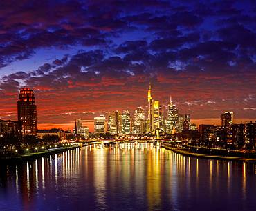 Skyline in afterglow, Frankfurt am Main, Hesse, Germany, Europe