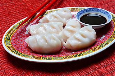 Dim Sum, filled dumplings on plate with chopsticks and soy sauce, Germany, Europe