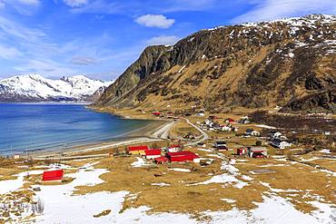 Village view of Grotfjord at Grotfjord Fjord, Island Kvaloya, Troms, Norway, Europe