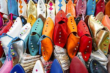 Colorful slippers sold in old town of Marrakech, North Africa, Morocco, Africa