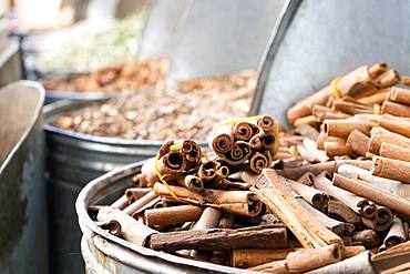 Variety of spices in old town market in Marrakech, Morroco