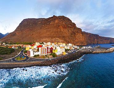 Vueltas with roundabout and harbour in the evening light, Valle Gran Rey, aerial view, La Gomera, Canary Islands, Spain, Europe