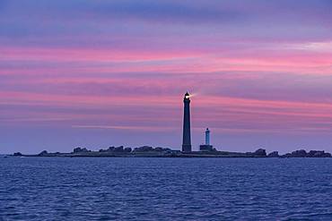 View to the lighthouse on I'lle Vierge at dusk, Plouguerneau, Departement Finistere, France, Europe