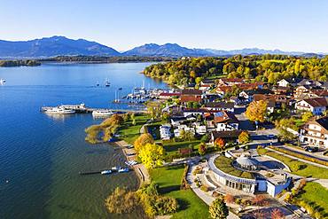 Boat landing stage and townscape, Gstadt am Chiemsee, Chiemsee, Chiemgau, aerial view, Upper Bavaria, Bavaria, Germany, Europe