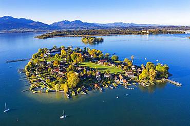 Fraueninsel, Frauenchiemsee, behind Krautinsel and Herreninsel, Chiemsee, Alps, Chiemgau, aerial view, Alpine foreland, Upper Bavaria, Bavaria, Germany, Europe