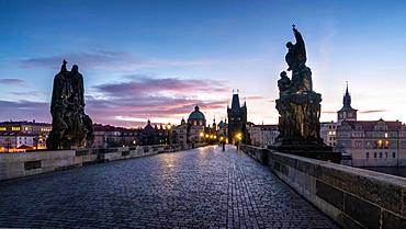 Charles Bridge in the morning at sunrise, Prague, Czech Republic, Europe