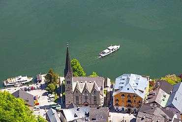 Excursion ships, Protestant Church, Hallstaettersee, Hallstatt, Salzkammergut, Upper Austria, Austria, Europe