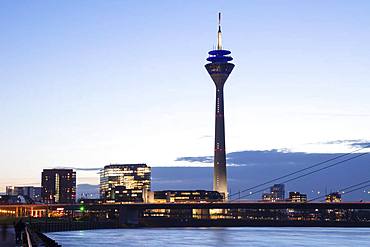 Rhine with City Gate and Rhine Tower, dusk, Duesseldorf, North Rhine-Westphalia, Germany, Europe