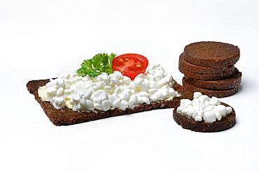 Pumpernickel slices topped with cream cheese, Germany, Europe